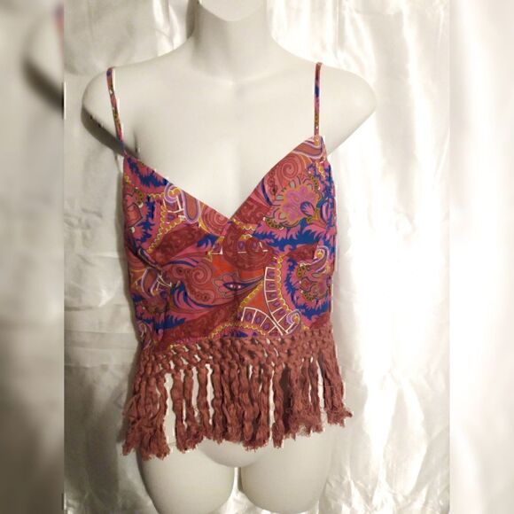 Shein Bohemian Paisley Floral Print Zipper Back Fringe Hem Cami Top L - Picture 4 of 6